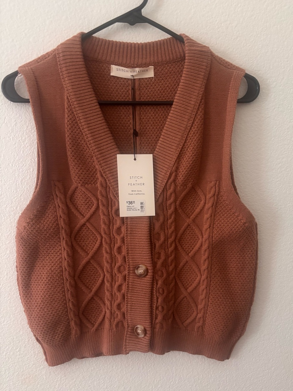 Stitch + Feather Cable Knit Button-Front Sweater Vest Mocha M/L NWT